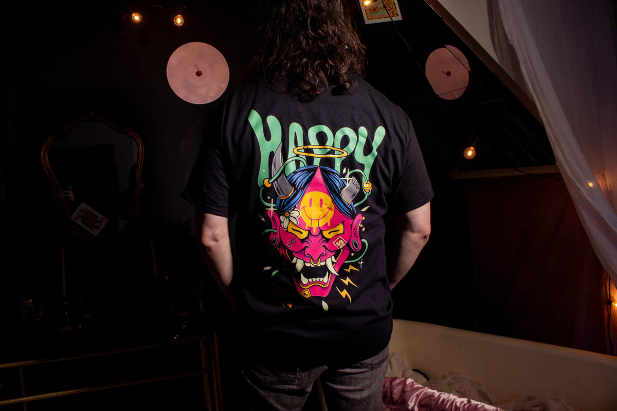 Far Out Oni graphic T-shirt lifestyle view by HappyHouse Apparel