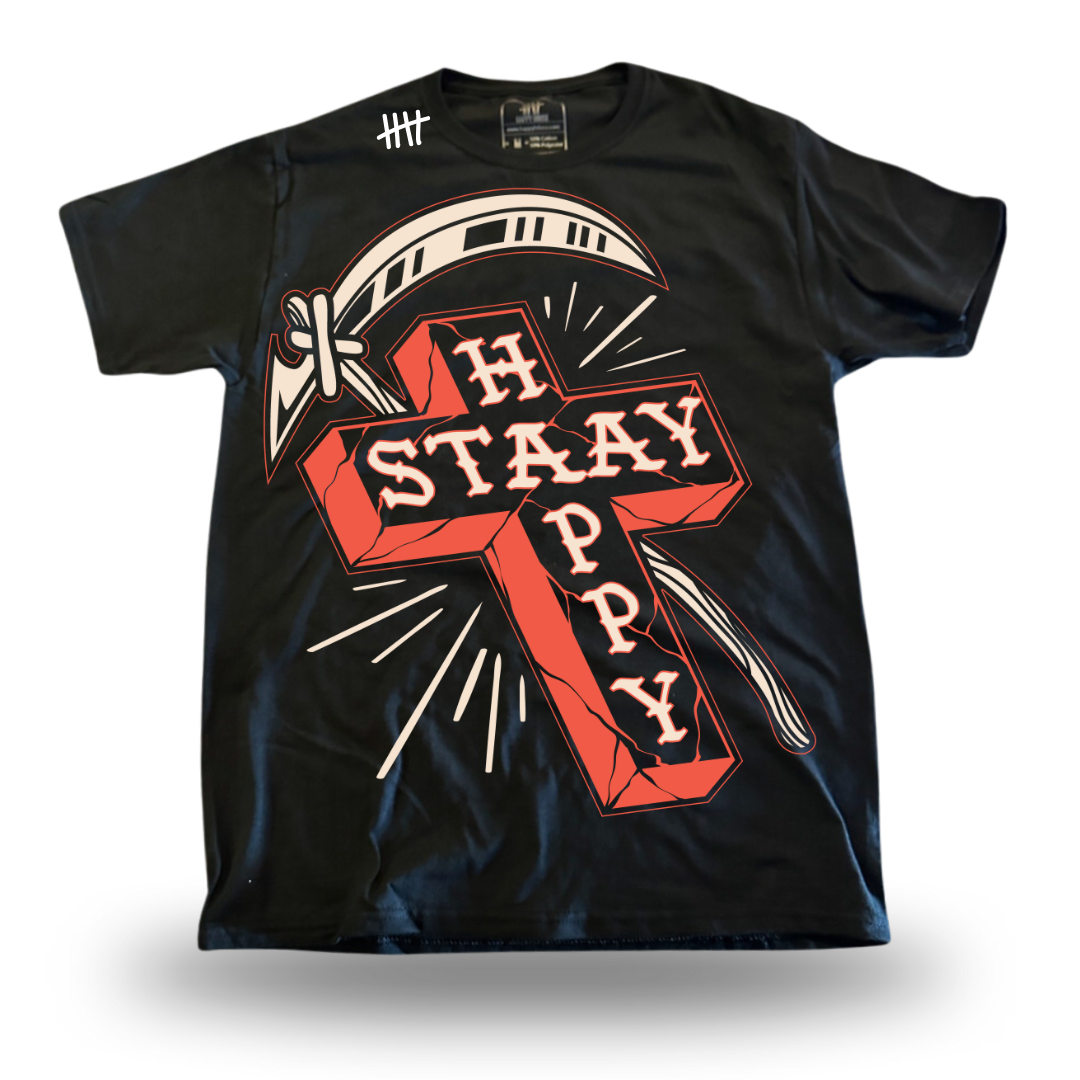 Stay Happy Cross tattoo-inspired graphic T-shirt by HappyHouse Apparel