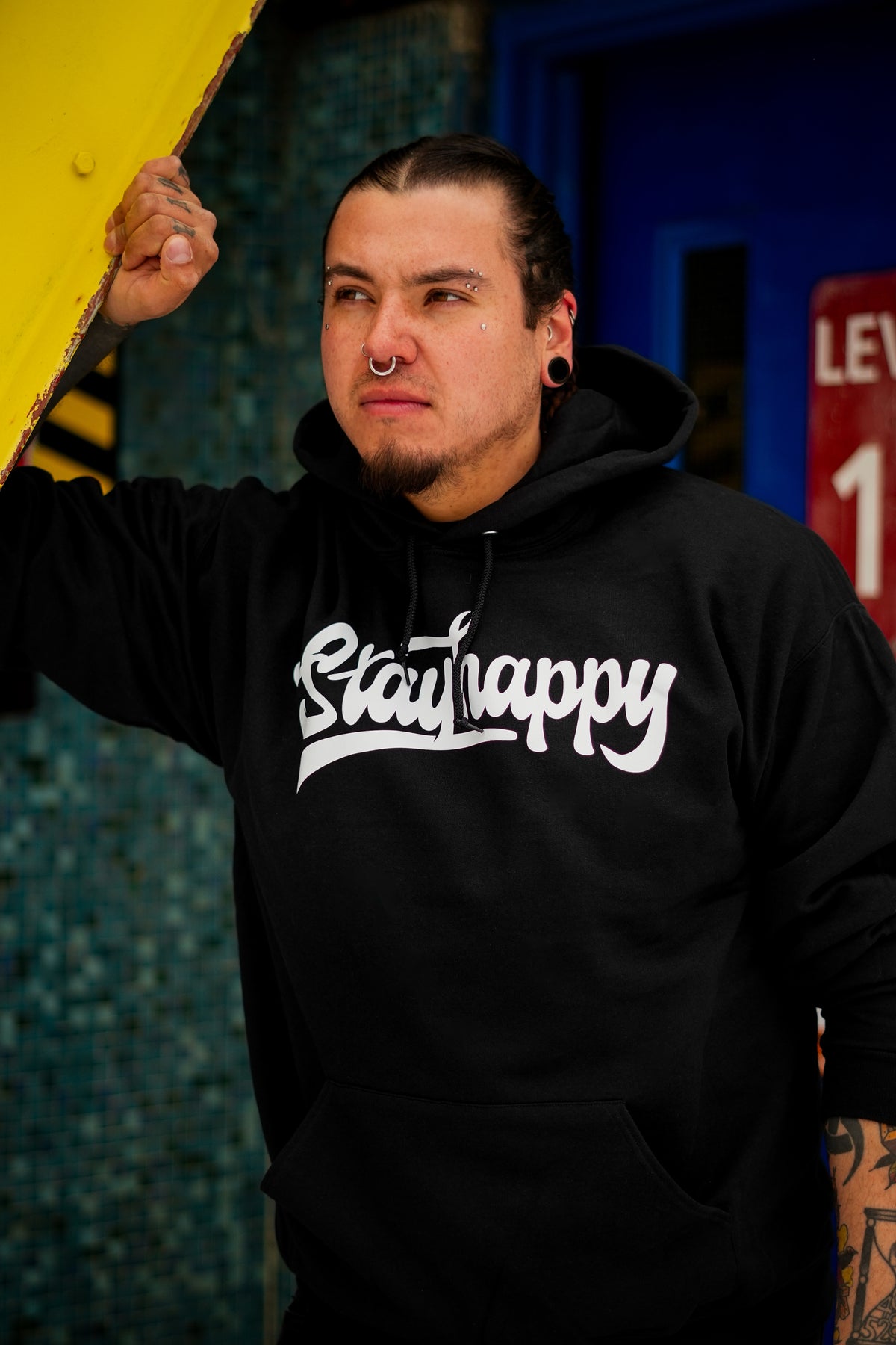 Stay Happy Text graphic pullover hoodie product view by HappyHouse Apparel