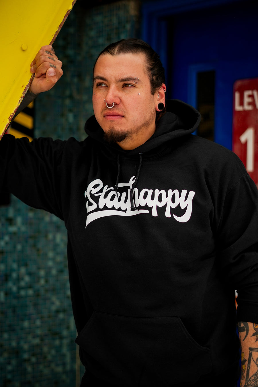 Stay Happy Text graphic pullover hoodie product view by HappyHouse Apparel