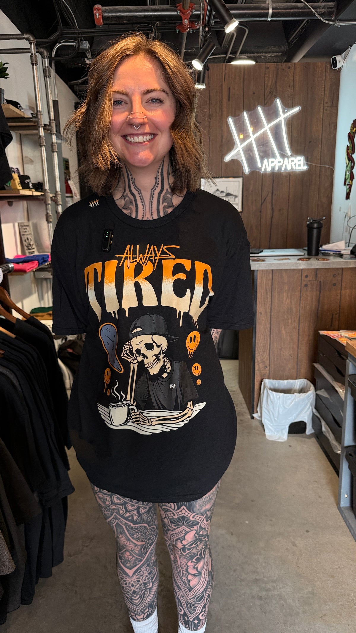 Always Tired 2.0 graphic T-shirt lifestyle photo by HappyHouse Apparel