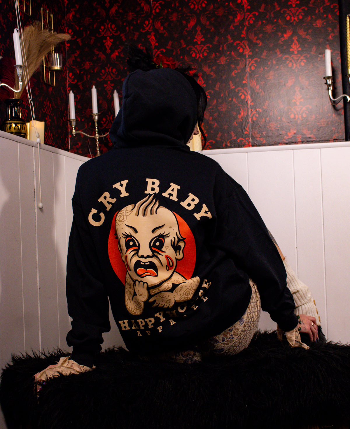 Cry Baby graphic pullover hoodie lifestyle photo by HappyHouse Apparel