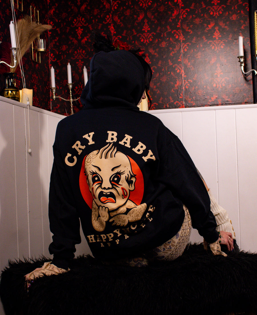 Cry Baby graphic pullover hoodie lifestyle photo by HappyHouse Apparel