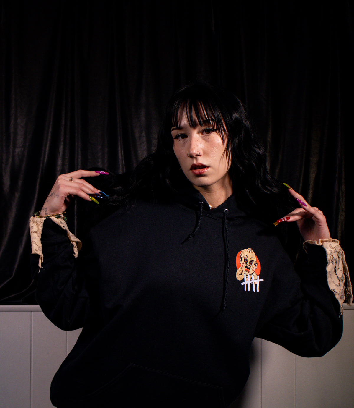 Cry Baby graphic pullover hoodie lifestyle view by HappyHouse Apparel