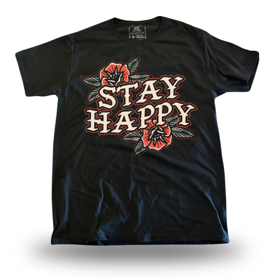 Stay Happy Flower Text tattoo-inspired graphic T-shirt by HappyHouse Apparel