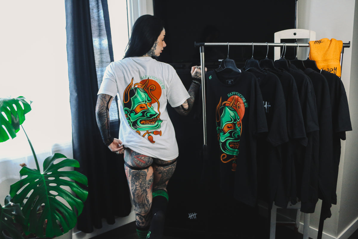 Hannya Mask graphic T-shirt lifestyle view by HappyHouse Apparel
