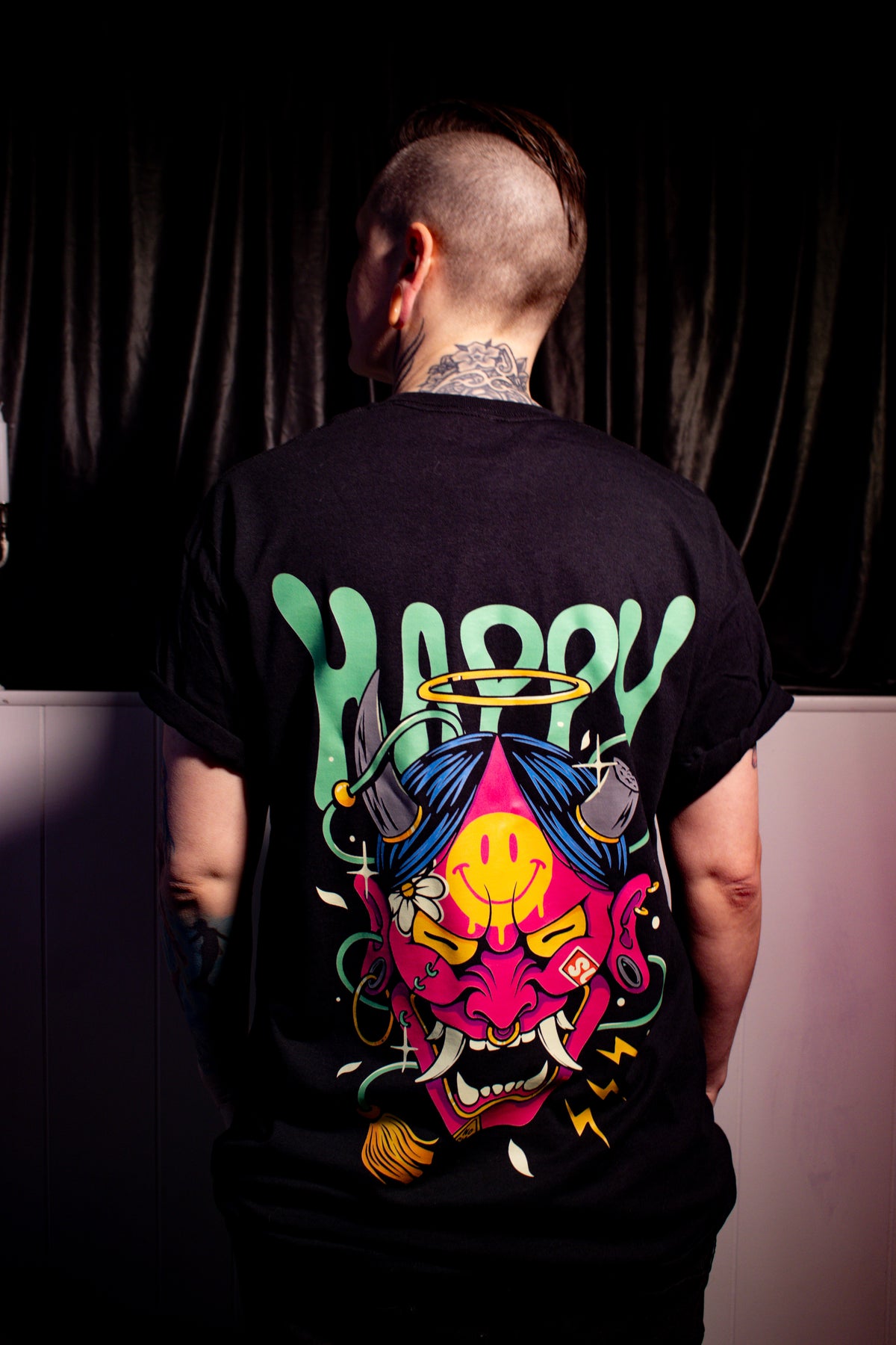 Far Out Oni graphic T-shirt lifestyle photo by HappyHouse Apparel