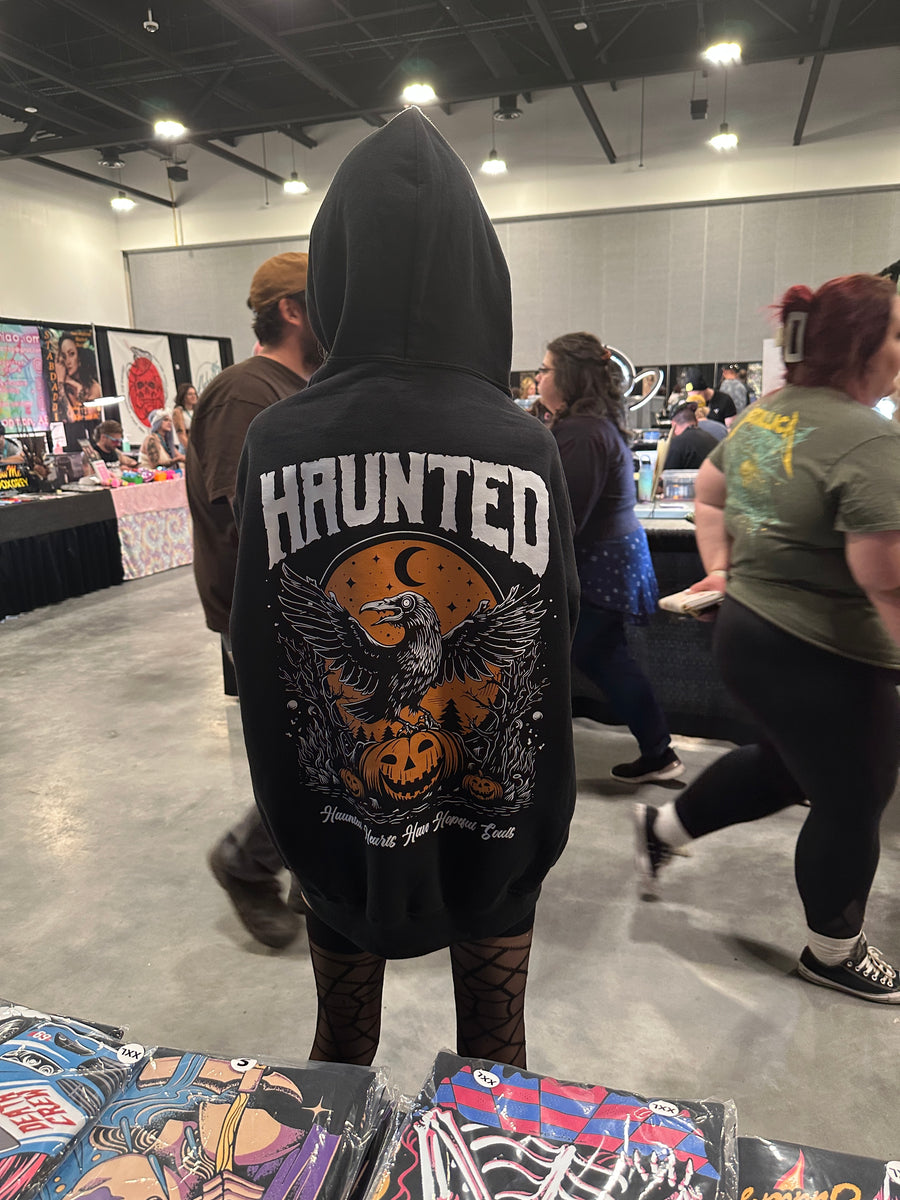 Haunted graphic pullover hoodie lifestyle photo by HappyHouse Apparel