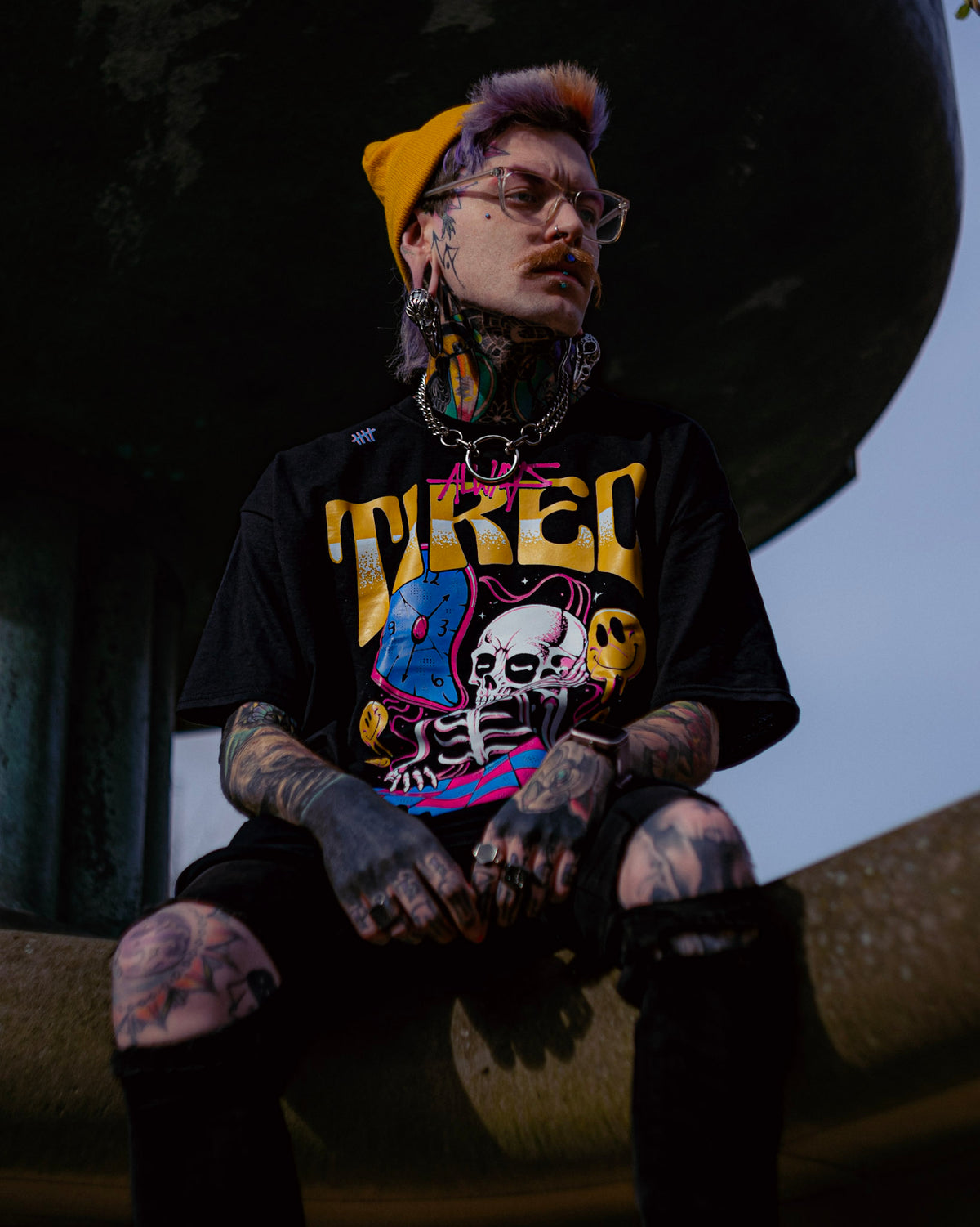 Always Tired graphic T-shirt lifestyle image by HappyHouse Apparel