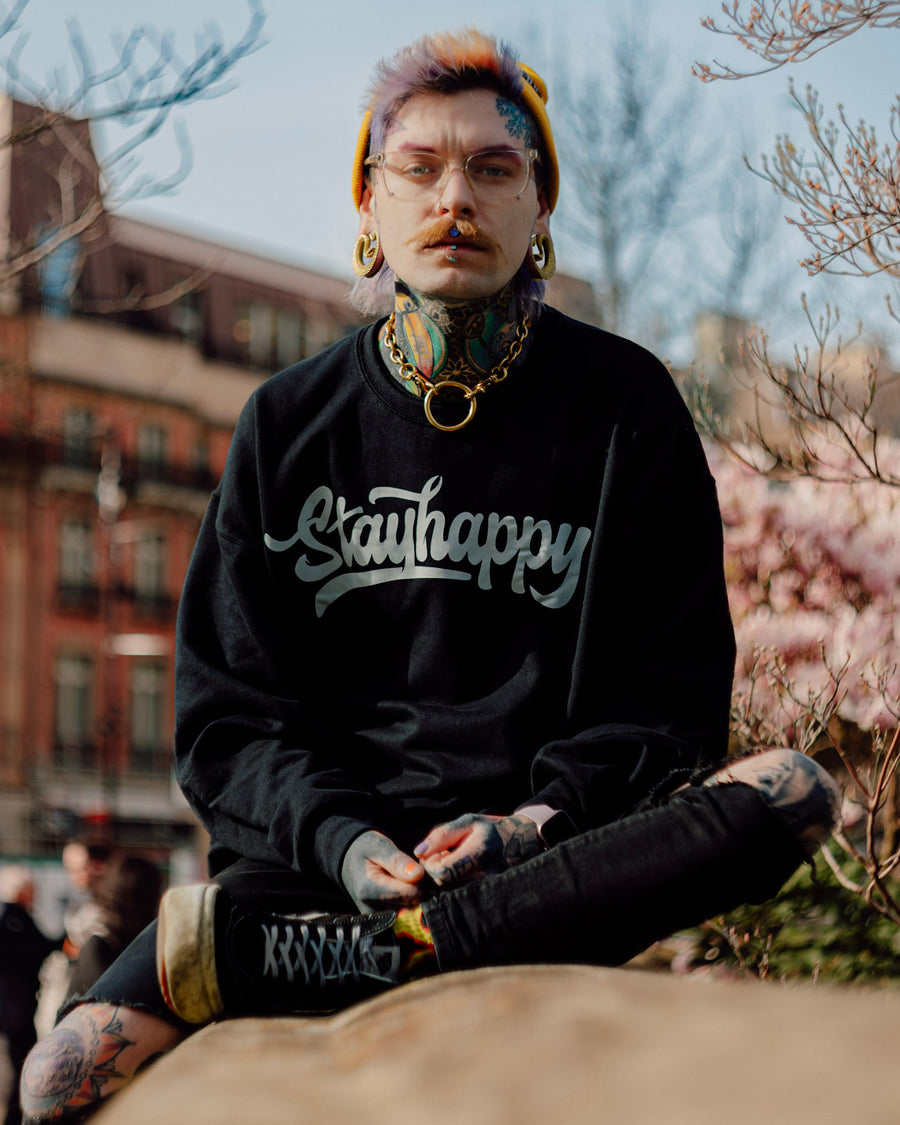 Stay Happy Text HappyHouse graphic crewneck