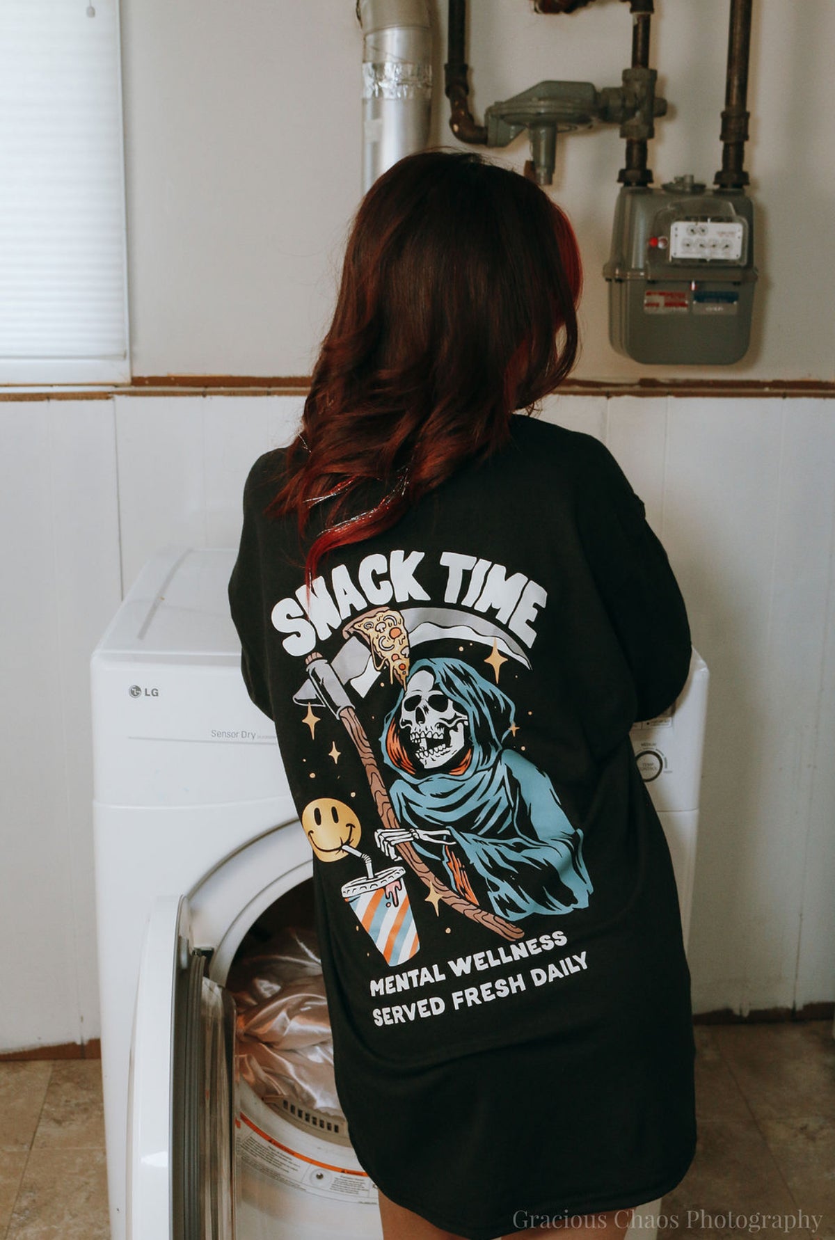 Snacktime graphic T-shirt lifestyle view by HappyHouse Apparel