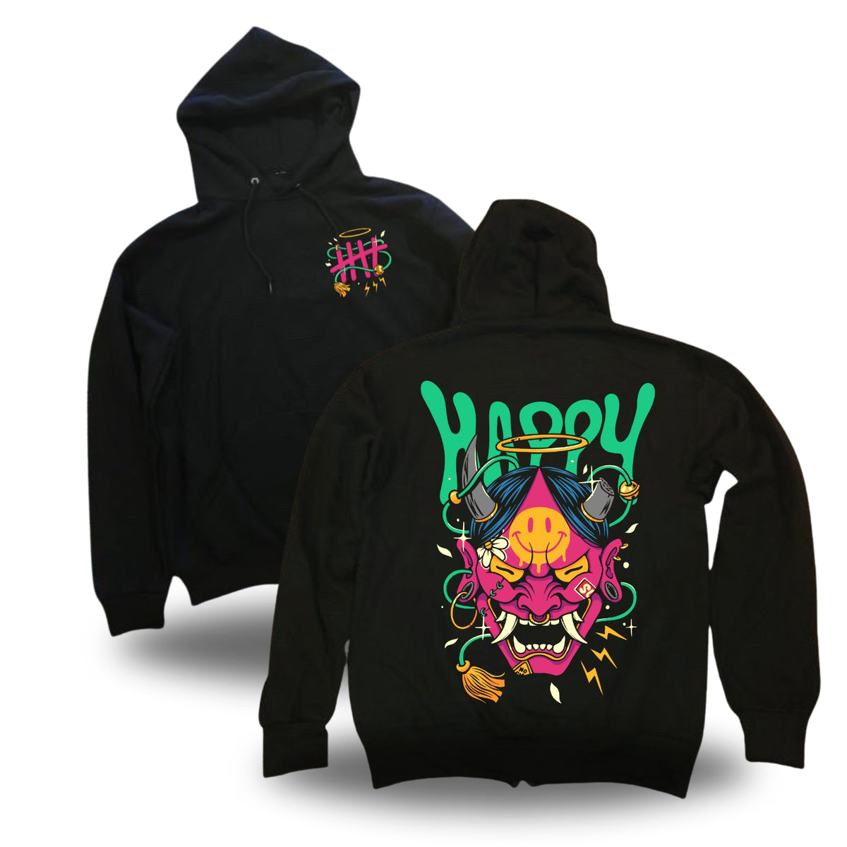 Far Out Oni tattoo-inspired graphic pullover hoodie by HappyHouse Apparel