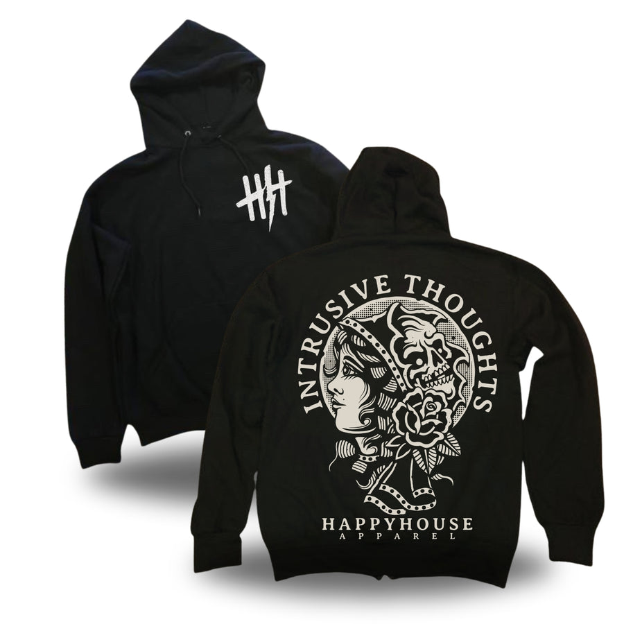 Intrusive Thoughts tattoo-inspired graphic pullover hoodie by HappyHouse Apparel