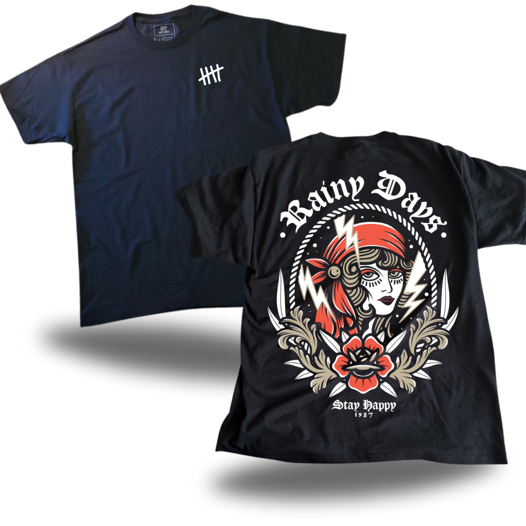 Rainy Days graphic T-shirt product view by HappyHouse Apparel