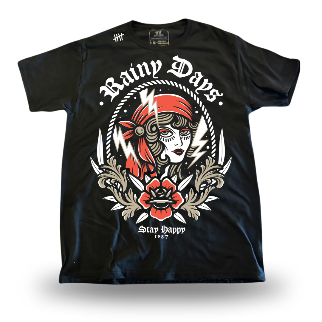 Rainy Days tattoo-inspired graphic T-shirt by HappyHouse Apparel