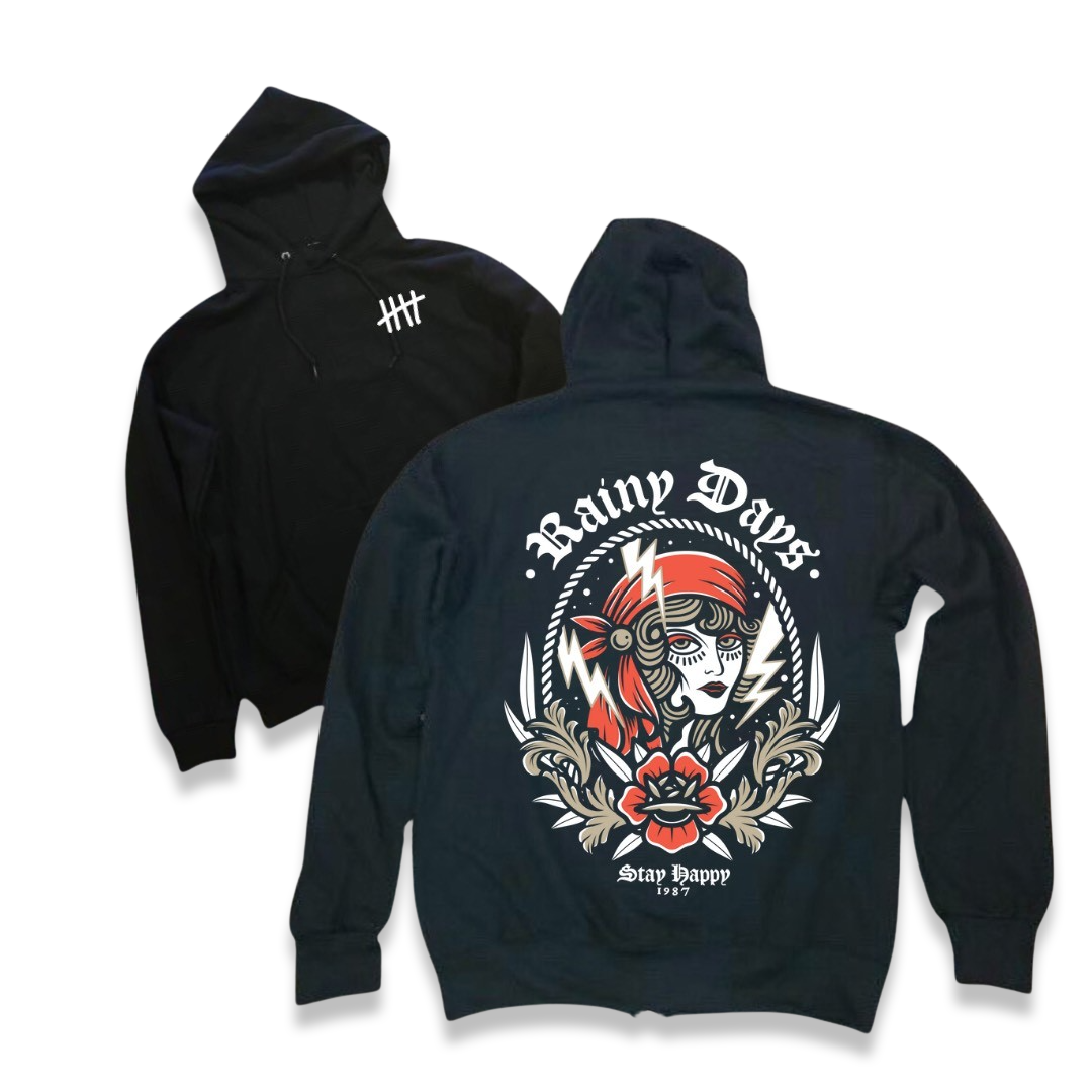 Rainy Days tattoo-inspired graphic pullover hoodie by HappyHouse Apparel