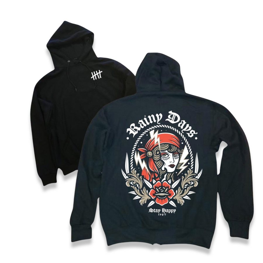 Rainy Days tattoo-inspired graphic pullover hoodie by HappyHouse Apparel