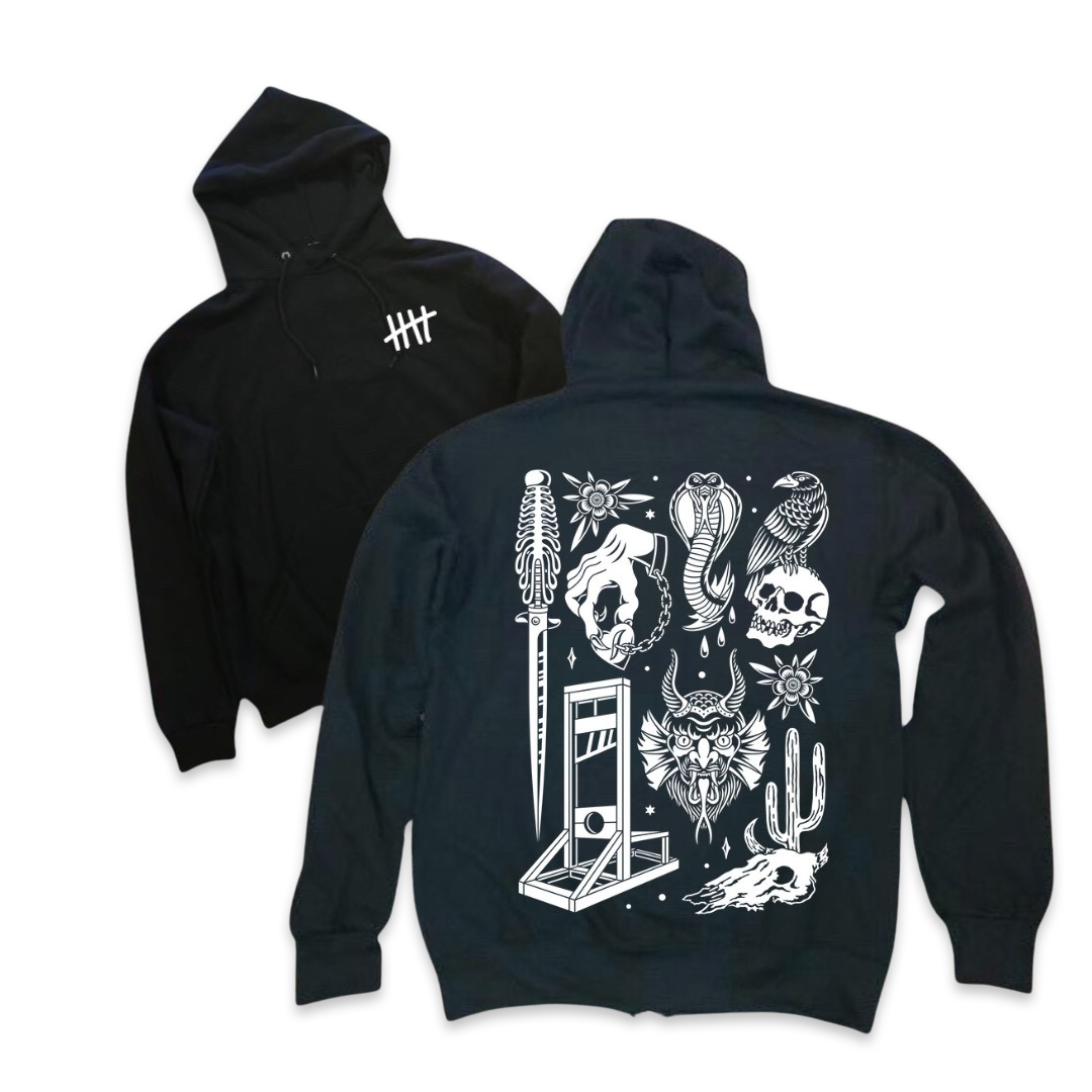 White Porkchop Flash tattoo-inspired graphic pullover hoodie by HappyHouse Apparel