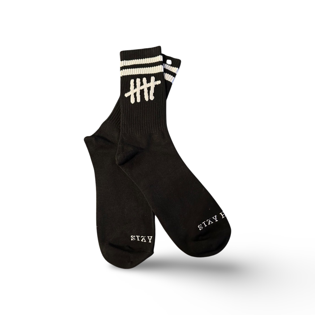Stay Happy black socks by HappyHouse Apparel