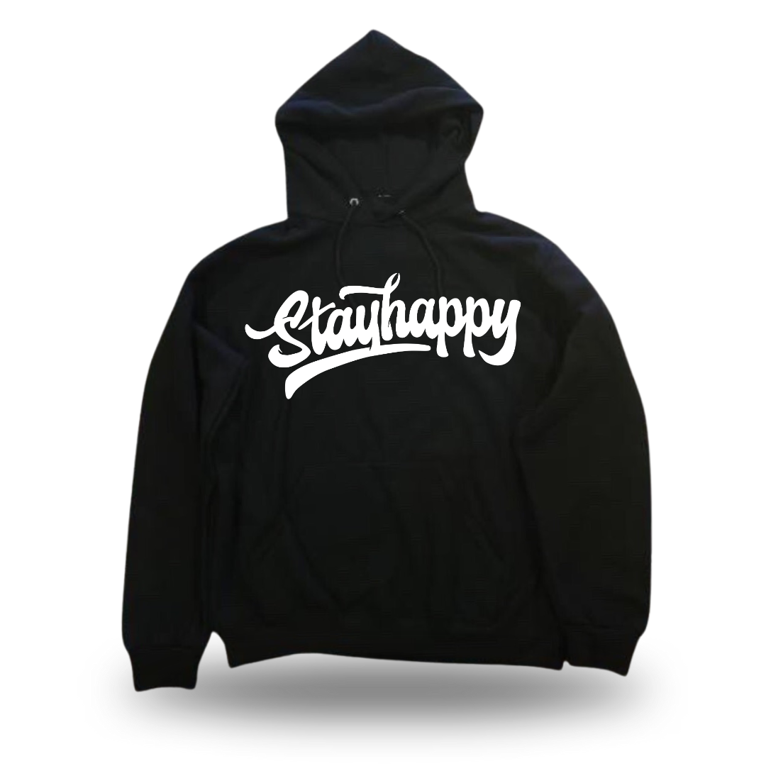 Stay Happy Text graphic pullover hoodie by HappyHouse Apparel