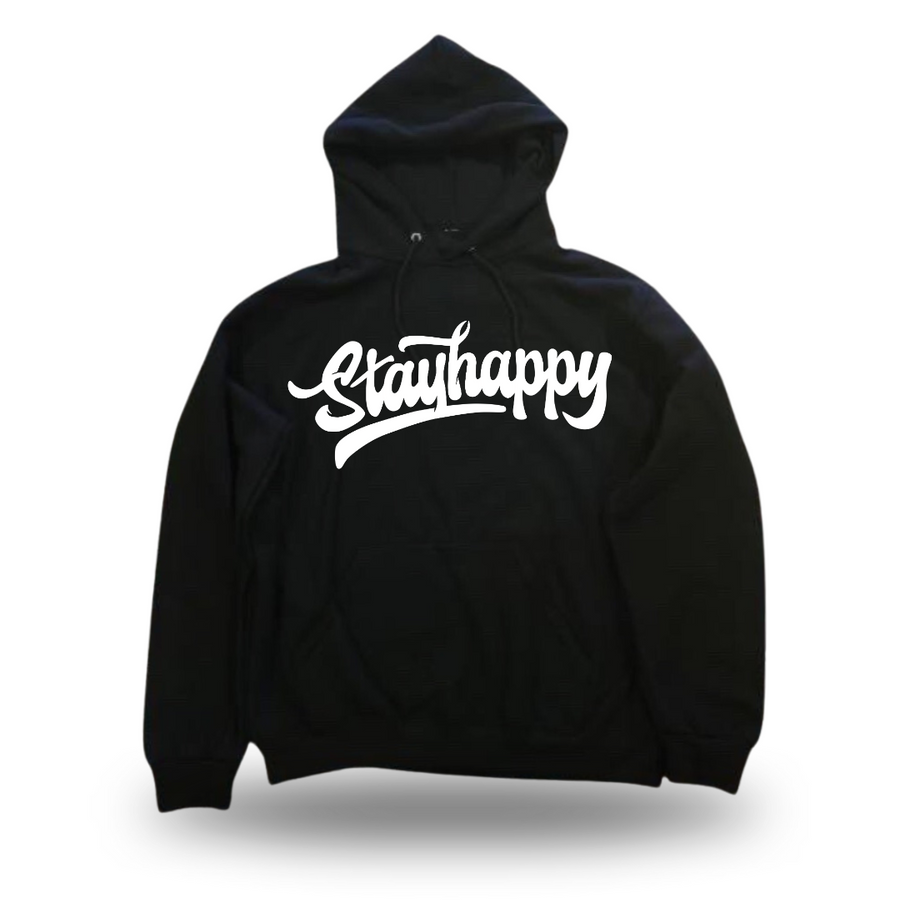 Stay Happy Text graphic pullover hoodie by HappyHouse Apparel