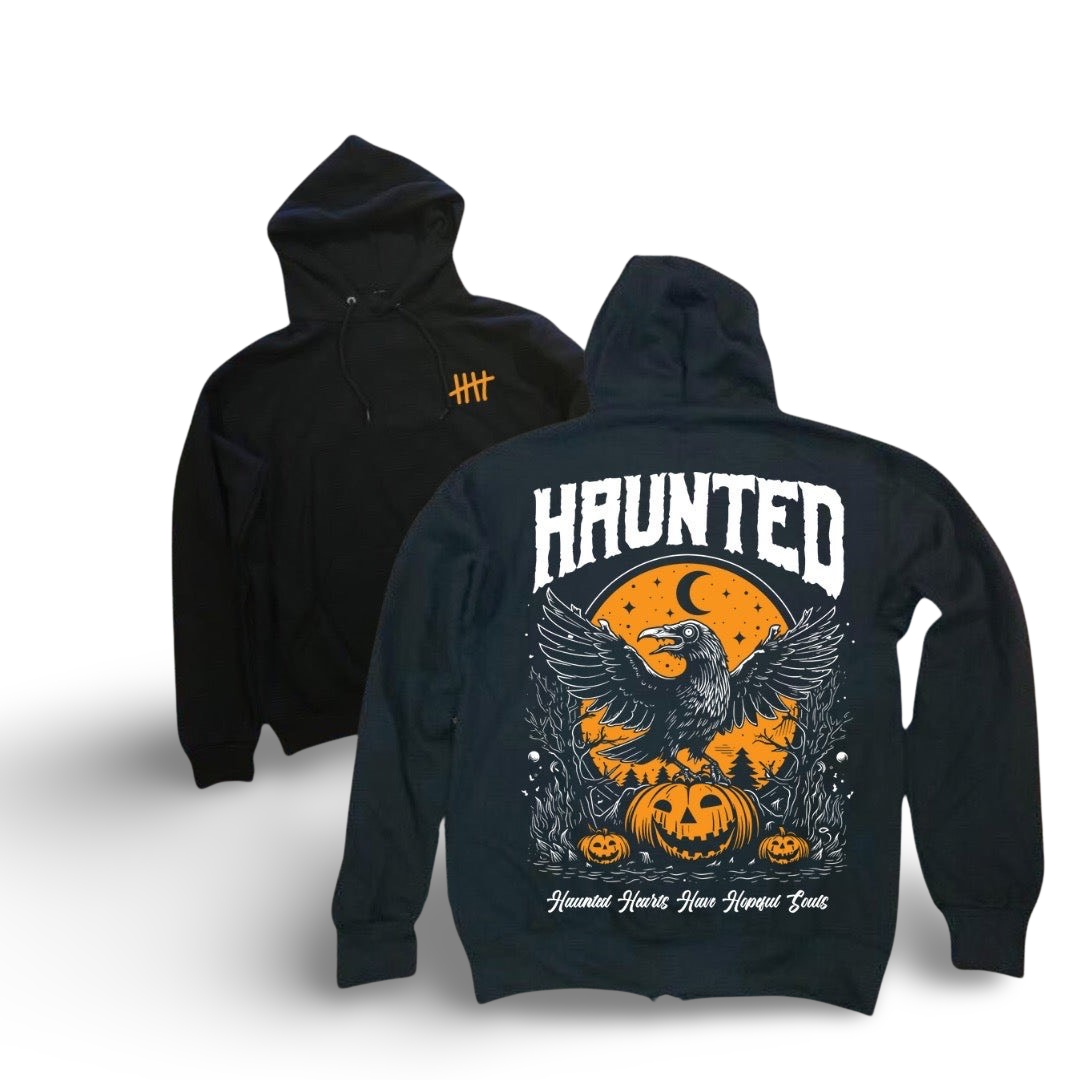 Haunted tattoo-inspired graphic pullover hoodie by HappyHouse Apparel