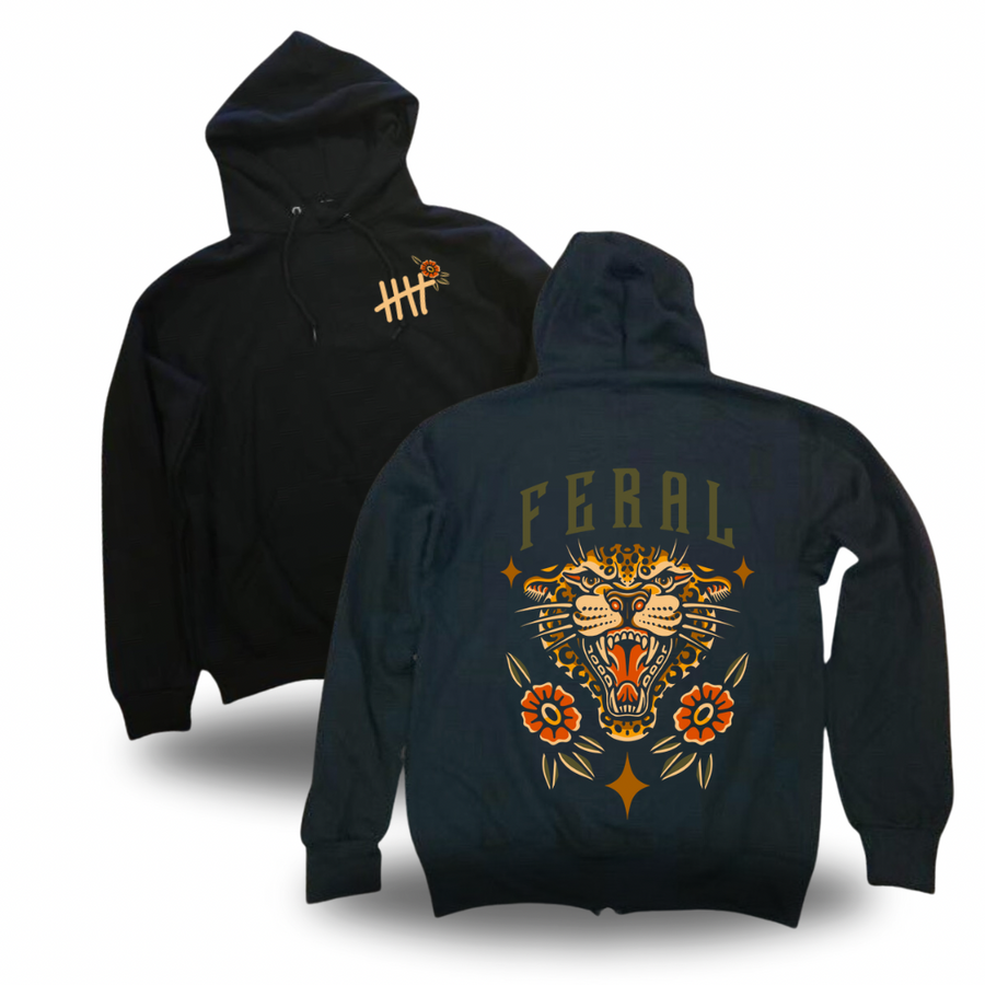 Feral tattoo-inspired graphic pullover hoodie by HappyHouse Apparel