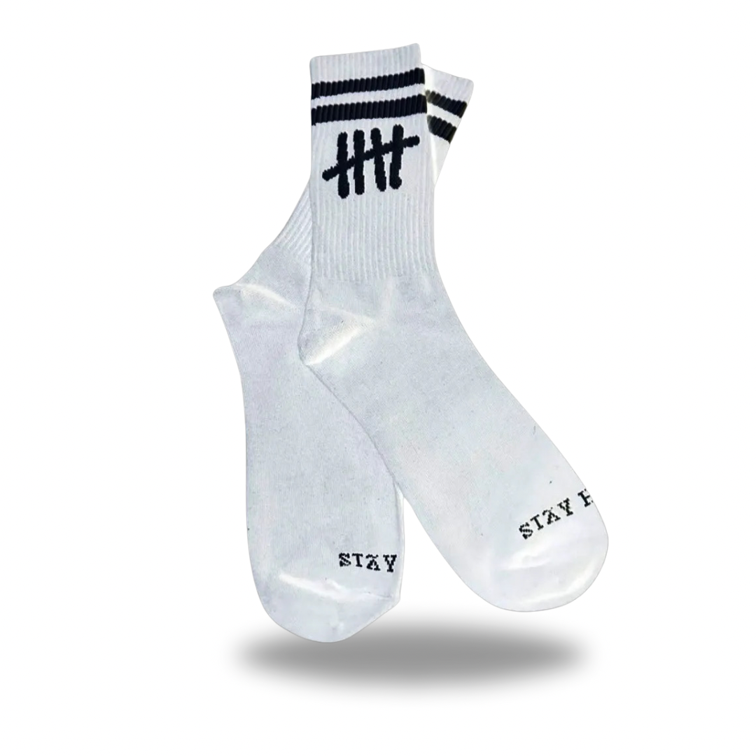 Stay Happy white socks by HappyHouse Apparel