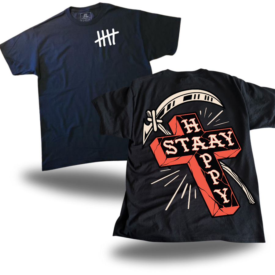 Stay Happy Cross graphic T-shirt product view by HappyHouse Apparel