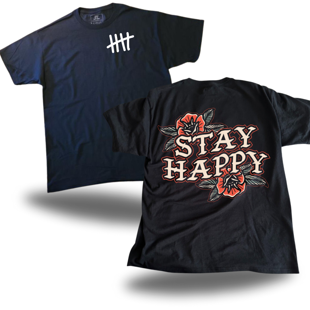 Stay Happy Flower Text graphic T-shirt product view by HappyHouse Apparel