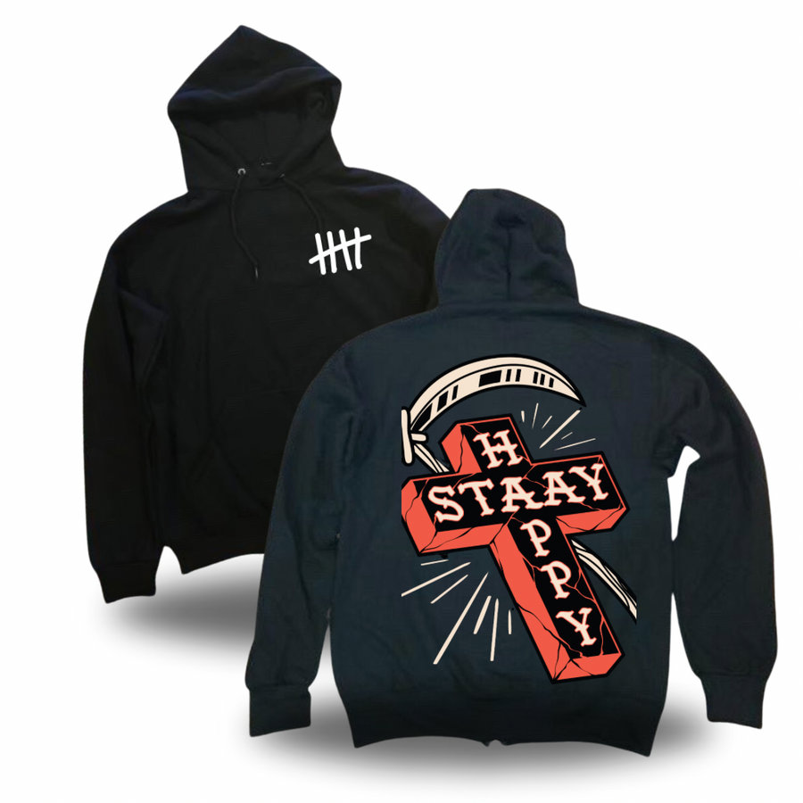 Stay Happy Cross tattoo-inspired graphic pullover hoodie by HappyHouse Apparel
