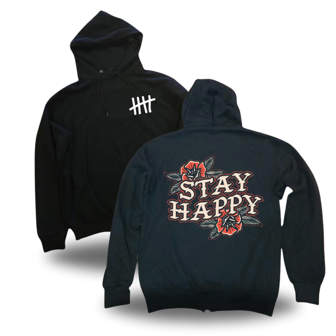 Stay Happy Flower Text Pullover Hoodie