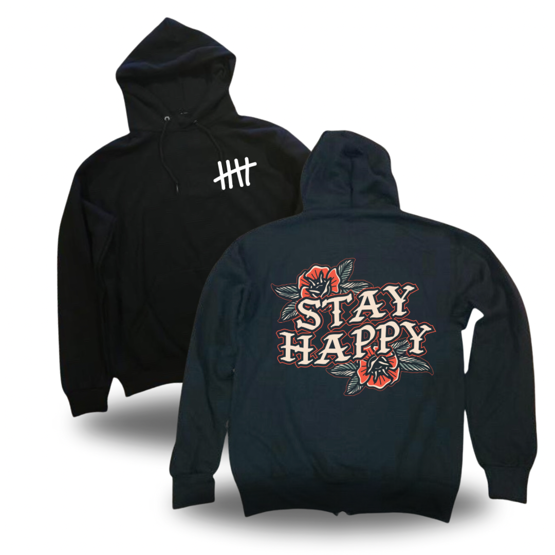 Stay Happy Flower Text graphic pullover hoodie product view by HappyHouse Apparel
