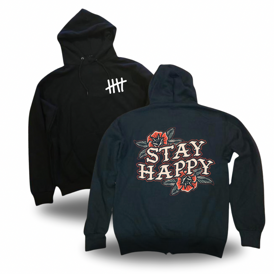 Stay Happy Flower Text graphic pullover hoodie product view by HappyHouse Apparel