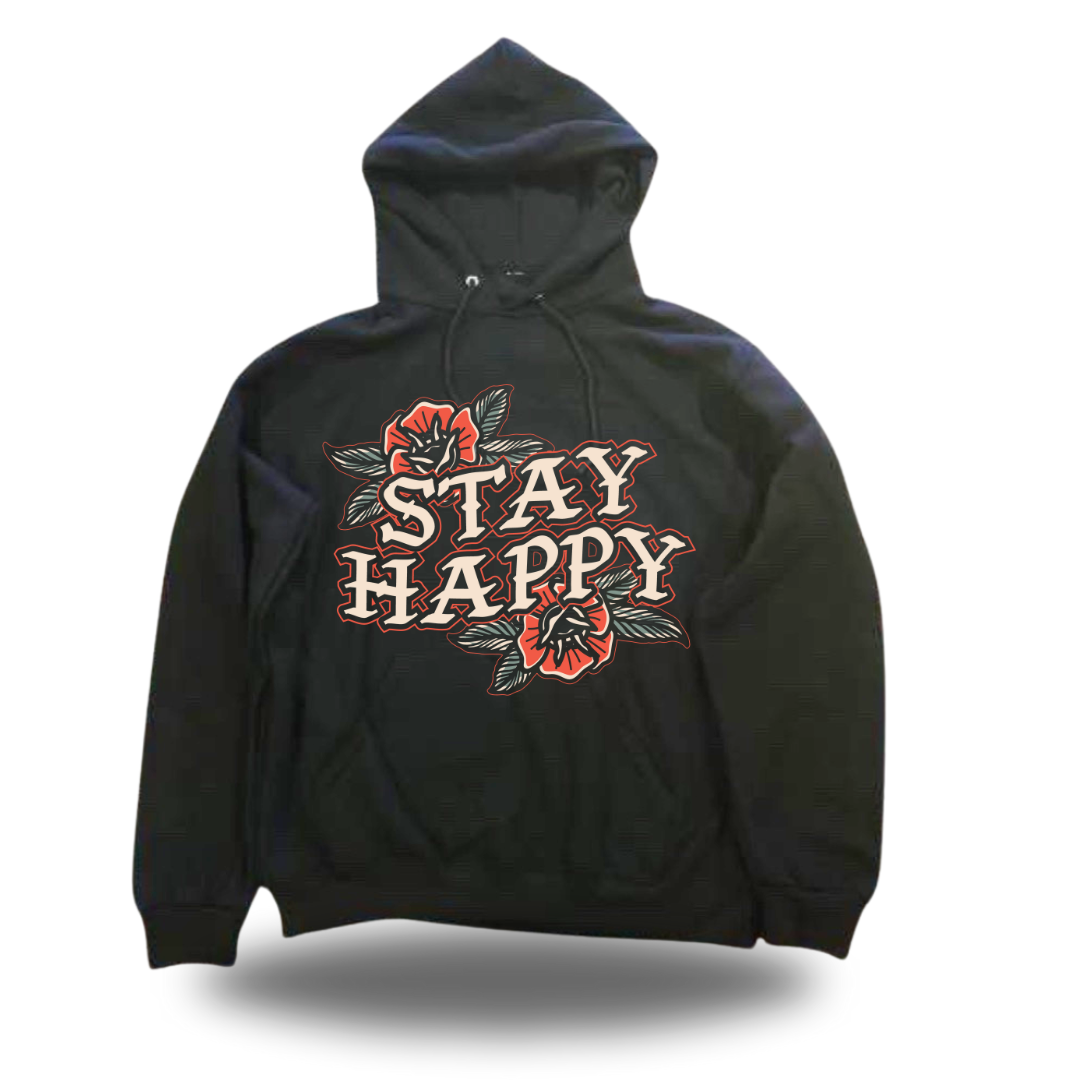 Stay Happy Flower Text Pullover Hoodie