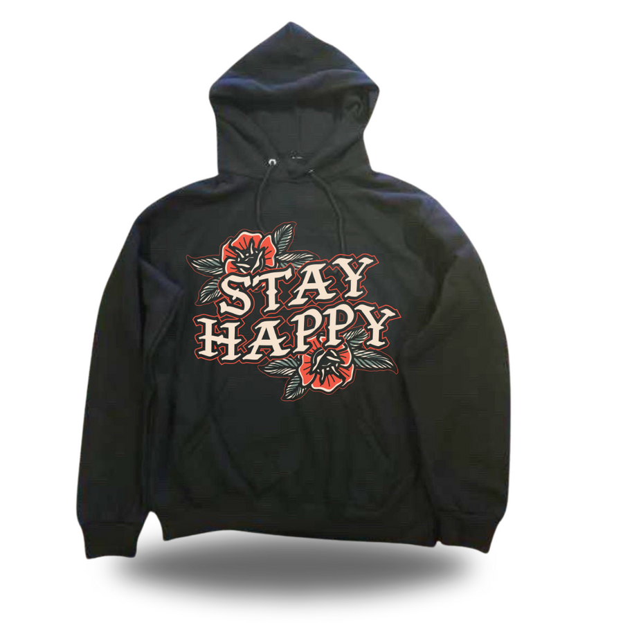 Stay Happy Flower Text graphic pullover hoodie by HappyHouse Apparel