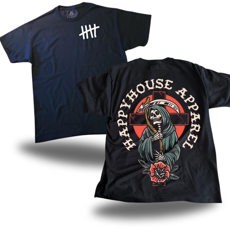 Reaper Cross graphic T-shirt product view by HappyHouse Apparel