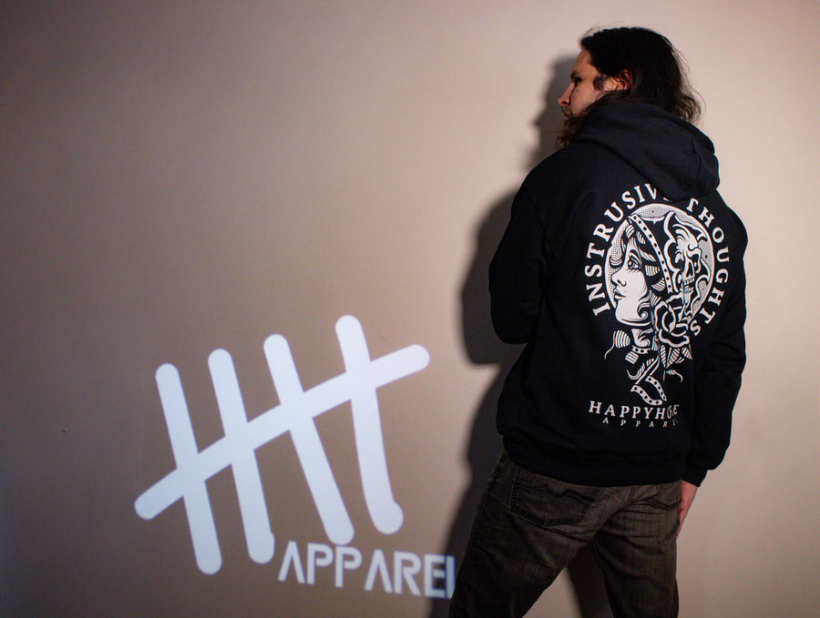 Intrusive Thoughts graphic pullover hoodie lifestyle photo by HappyHouse Apparel