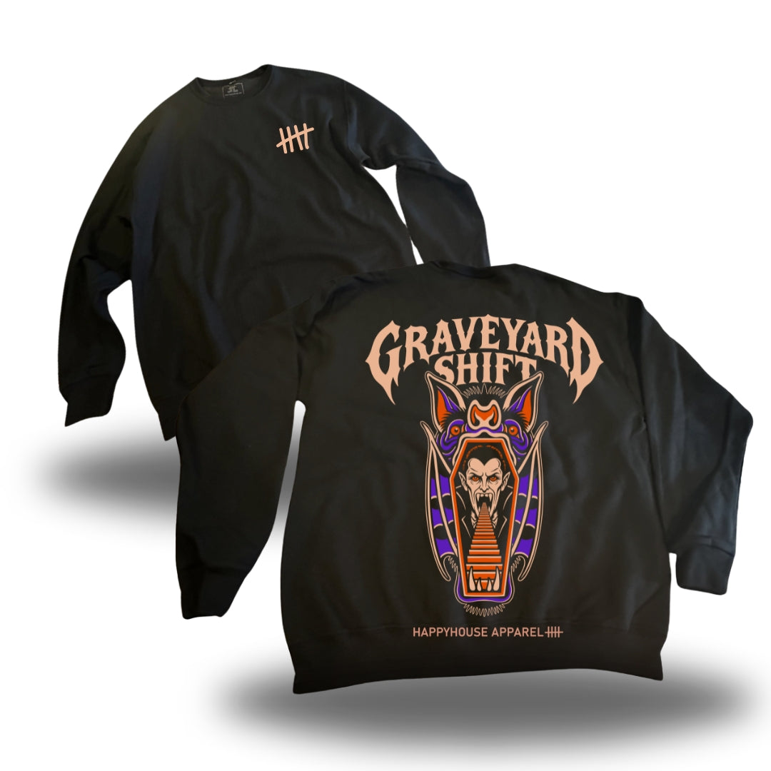 Graveyard Shift HappyHouse crewneck, back print