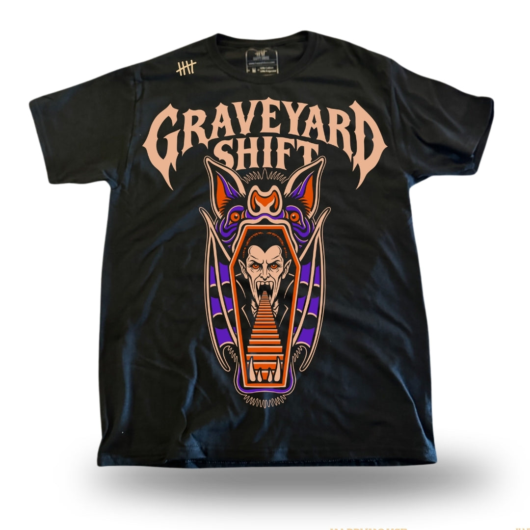 Graveyard Shift HappyHouse T-shirt, front print