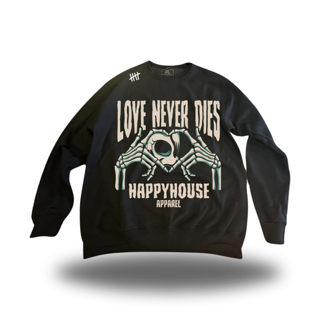 Love Never Dies HappyHouse crewneck, front print